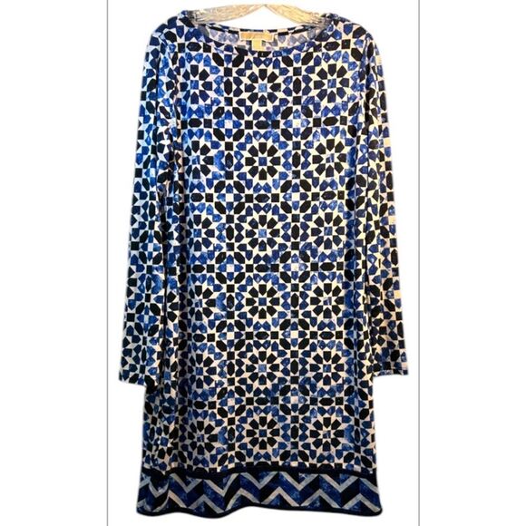 MICHAEL KORS LADIES DRESS BLUE WHITE LARGE CAREER JERSEY PRINT SHIFT geometric - Picture 13 of 13